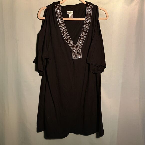Dotti Black Cold Shoulder Dress with Embroidered V-Neck – Boho Tunic Style - Picture 1 of 4